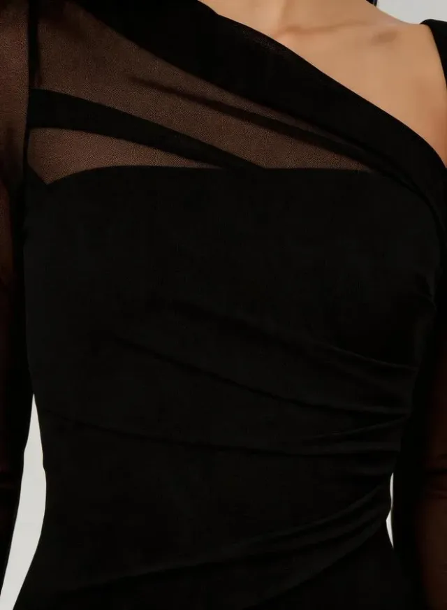 Black Asymmetric Neck Long Sleeve Maxi Dress – image 6