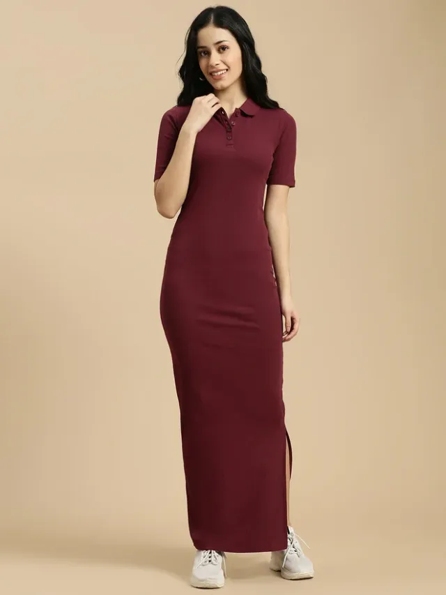 Maroon Plain Polo T-Shirt Maxi Dress with Side Slit – image 2