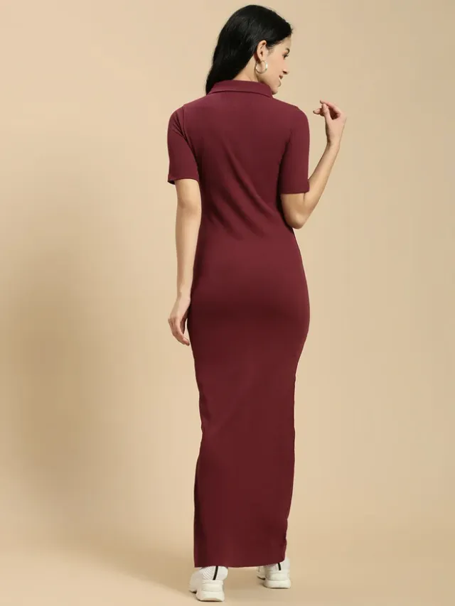 Maroon Plain Polo T-Shirt Maxi Dress with Side Slit – image 3