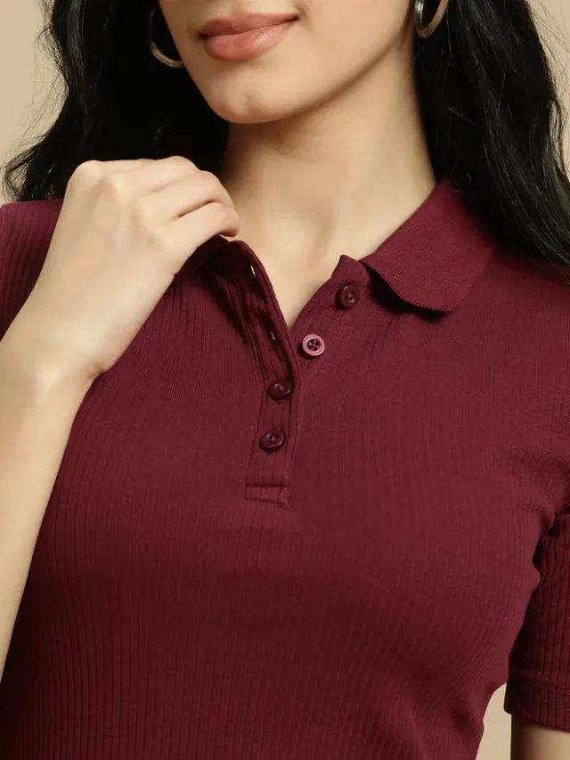 Maroon Plain Polo T-Shirt Maxi Dress with Side Slit – image 5