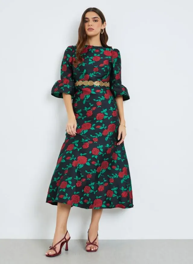 Women Black Floral Print Embellished Midi Dress – image 2