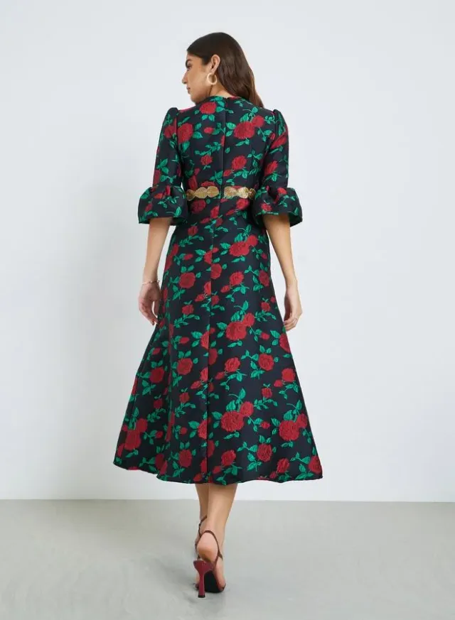 Women Black Floral Print Embellished Midi Dress – image 4