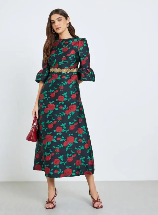 Women Black Floral Print Embellished Midi Dress – image 5