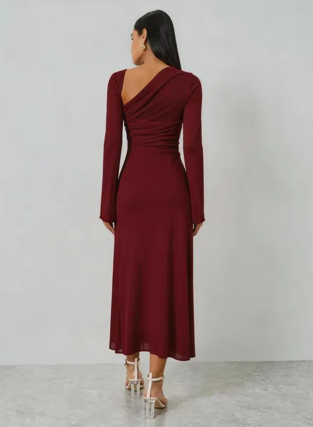 Burgundy Asymmetric Neck Long Sleeve Maxi Dress – image 4