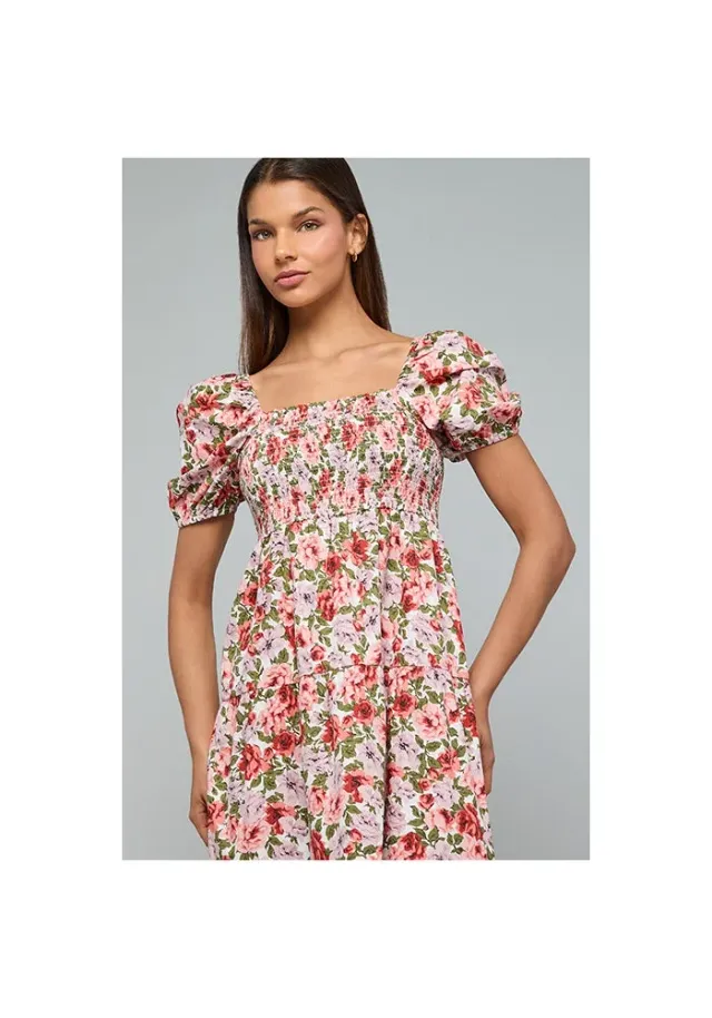 Printed Flared Dress with Square Neck and Puff Sleeves – صورة 2