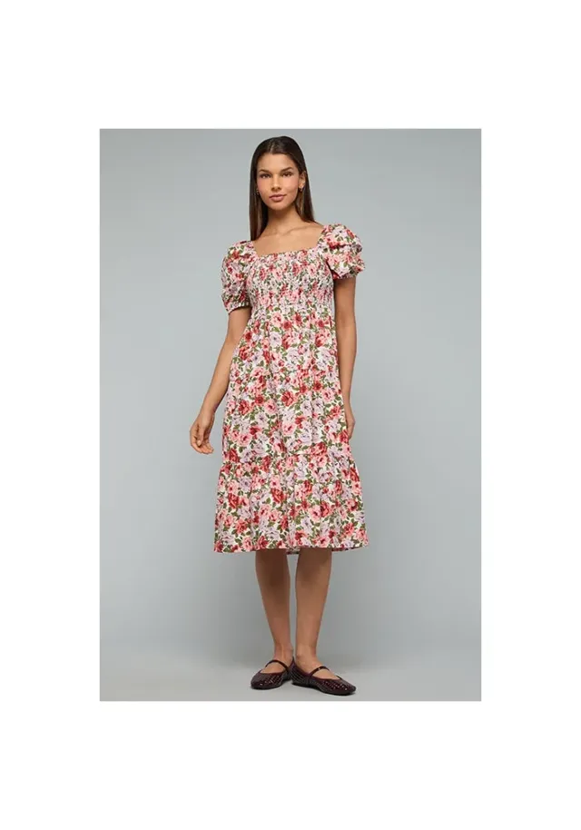 Printed Flared Dress with Square Neck and Puff Sleeves – صورة 3