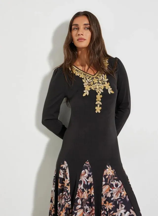 Black Floral Print A-Line Midi Dress