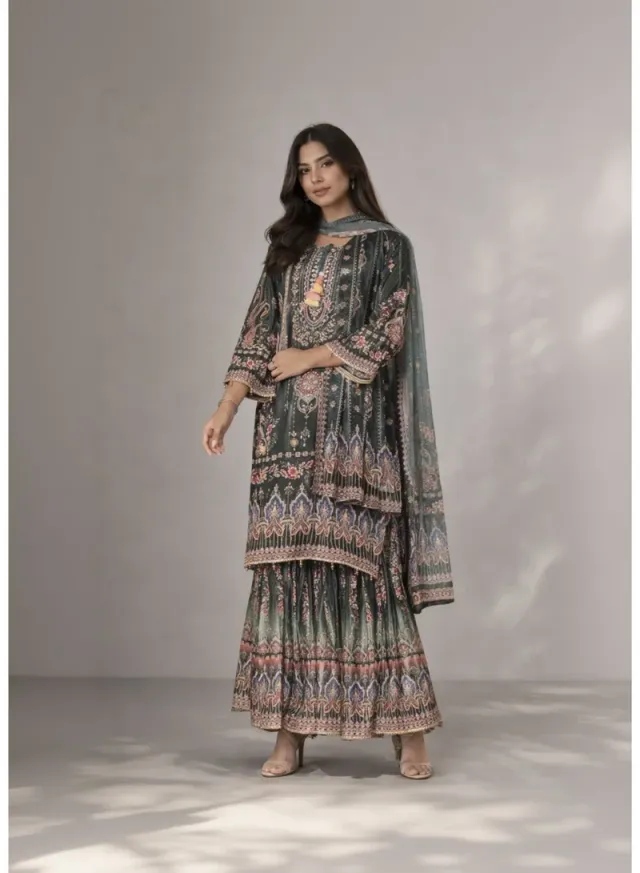Royal Green Silk Blend Sharara Set | Women’s Ethnic Wear