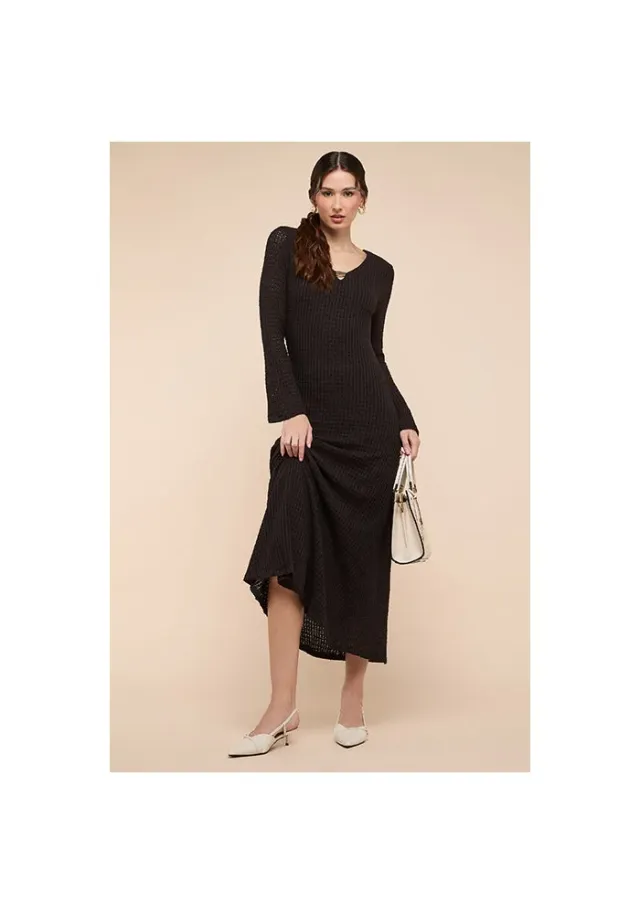 Openwork Midaxi Dress with V-Neck and Flared Sleeves