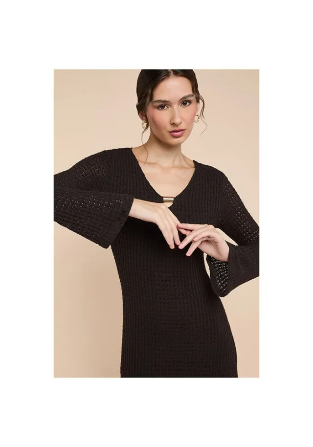 Openwork Midaxi Dress with V-Neck and Flared Sleeves – image 2
