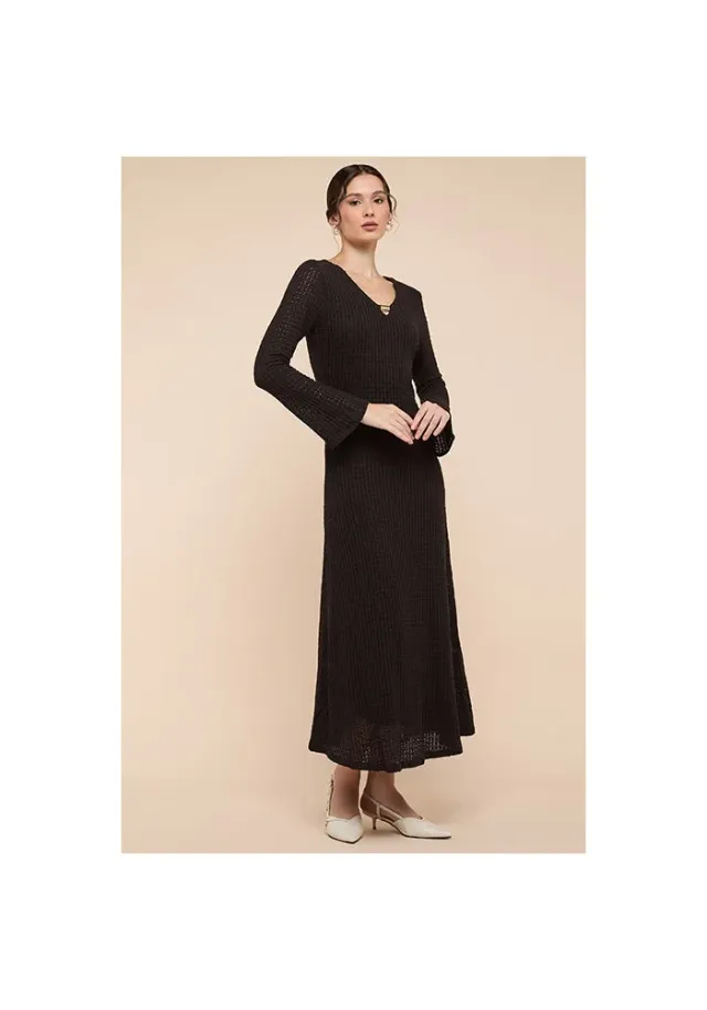 Openwork Midaxi Dress with V-Neck and Flared Sleeves – image 6