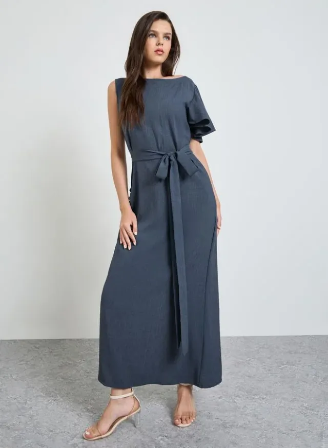 Grey Boat Neck A-Line Maxi Dress with Tie-Belt