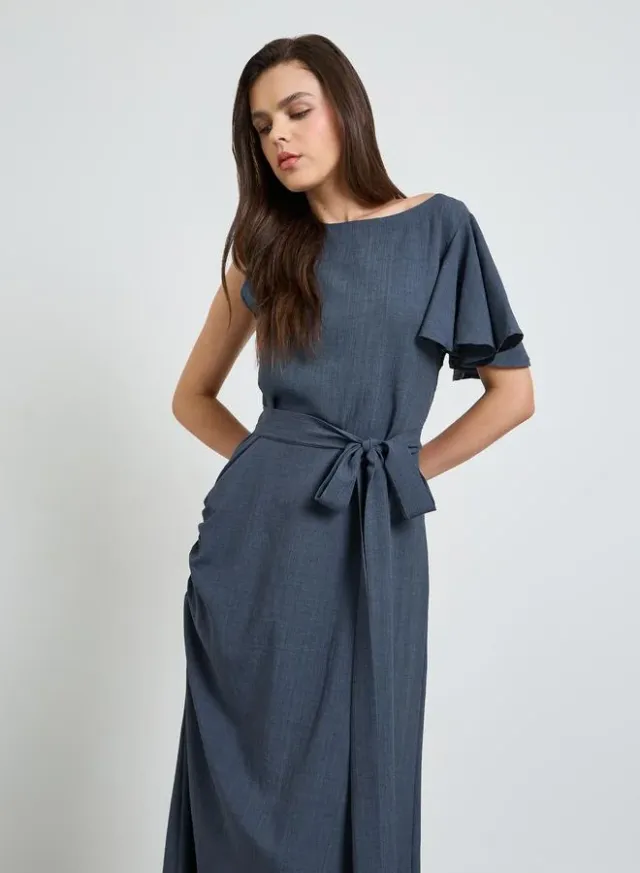 Grey Boat Neck A-Line Maxi Dress with Tie-Belt – image 2