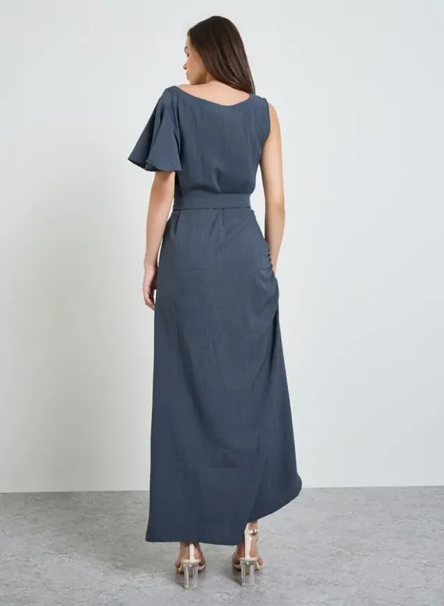 Grey Boat Neck A-Line Maxi Dress with Tie-Belt – image 3