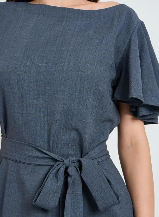 Grey Boat Neck A-Line Maxi Dress with Tie-Belt – image 4