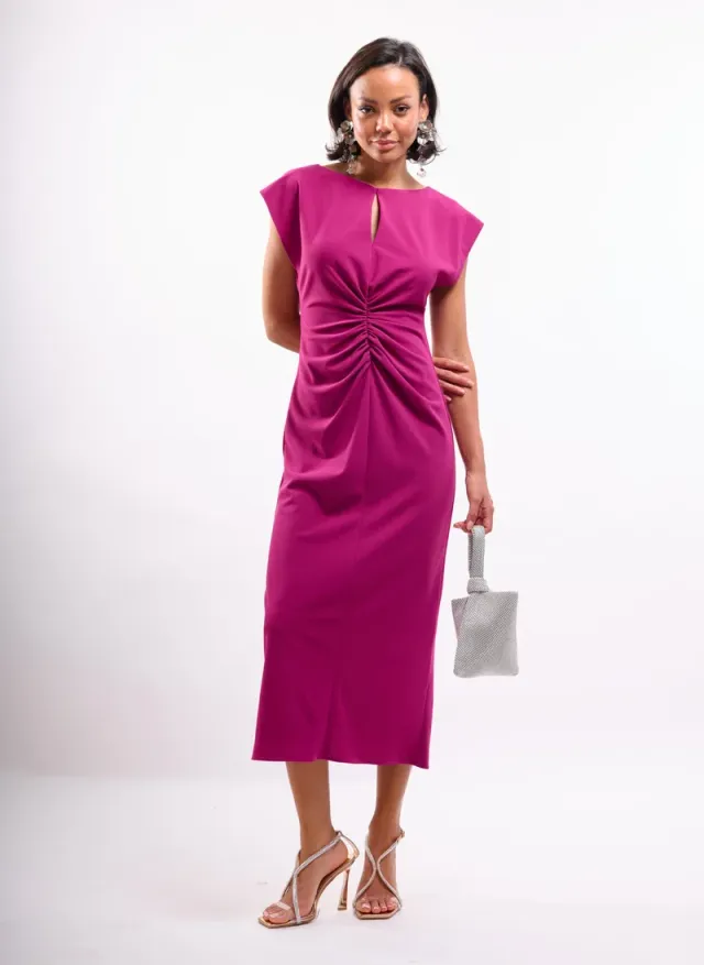 Berry Midi Dress with Ruched Front Keyhole