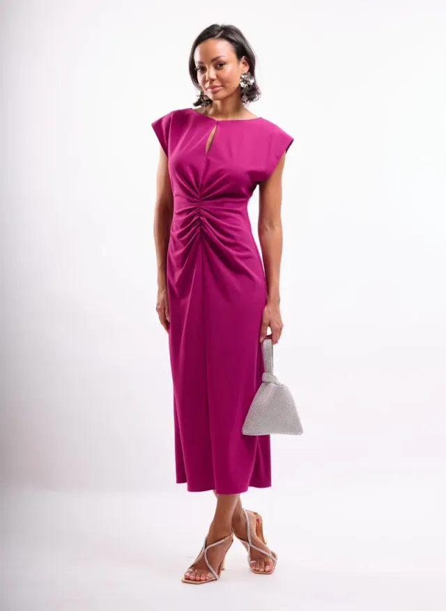 Berry Midi Dress with Ruched Front Keyhole – image 2