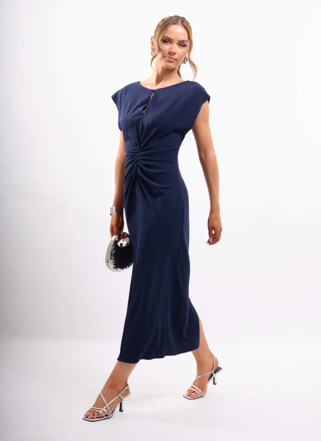 Berry Midi Dress with Ruched Front Keyhole – image 2