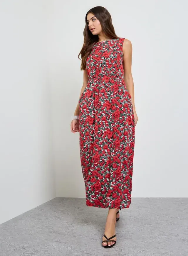 Red Floral Print Sleeveless Midi Dress – image 2