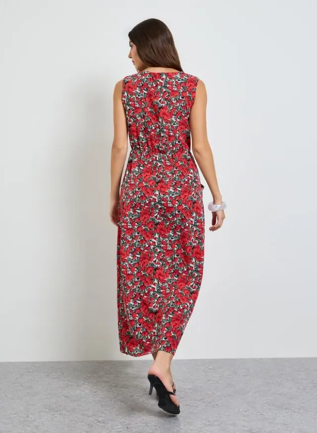 Red Floral Print Sleeveless Midi Dress – image 4