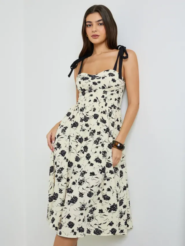 Styli Beige Floral Print Tie-Strap Midi Dress