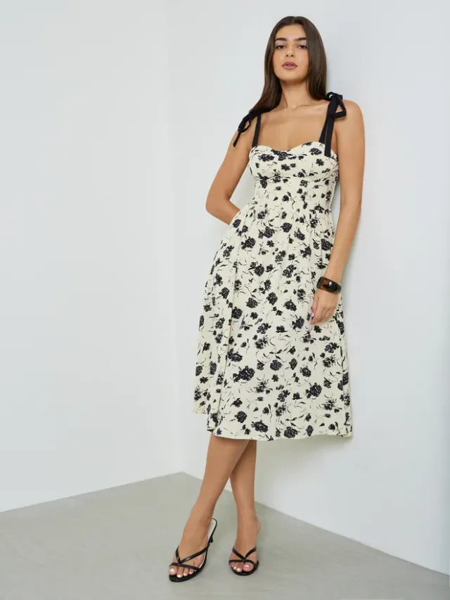Styli Beige Floral Print Tie-Strap Midi Dress – image 2