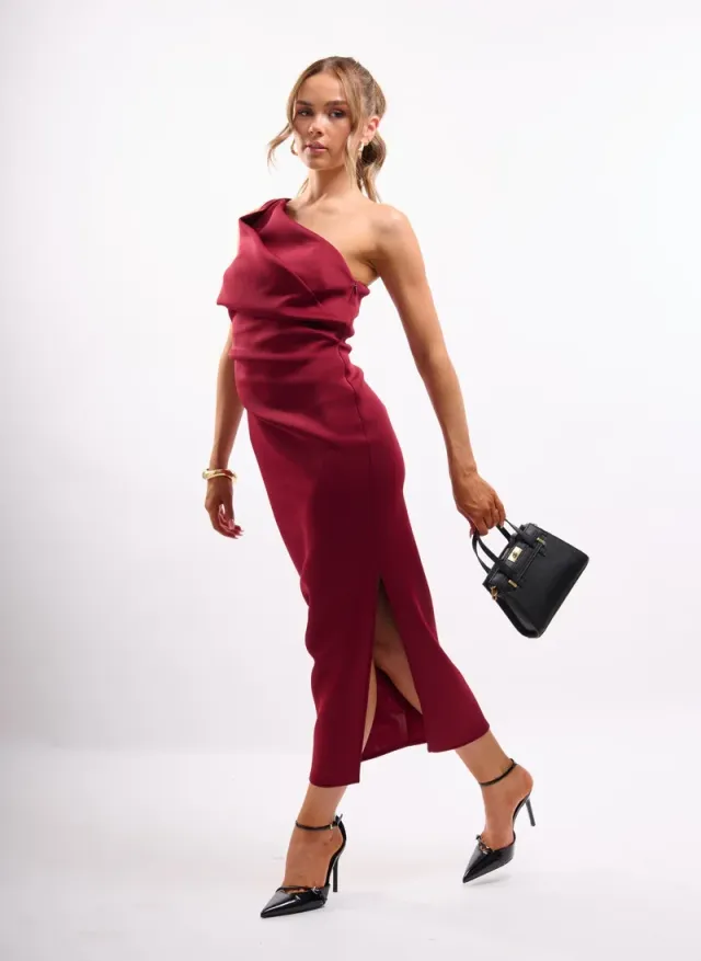 Structured One Shoulder Midi Dress in Black – image 3