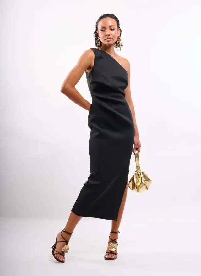 Structured One Shoulder Midi Dress in Black