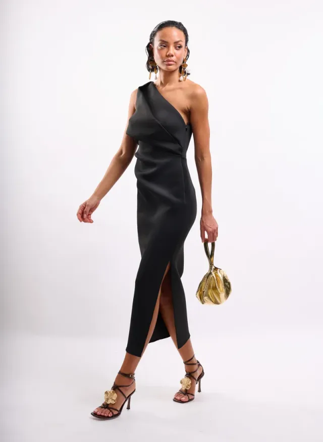 Structured One Shoulder Midi Dress in Black – image 3