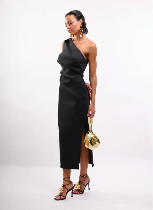 Structured One Shoulder Midi Dress in Black – image 4
