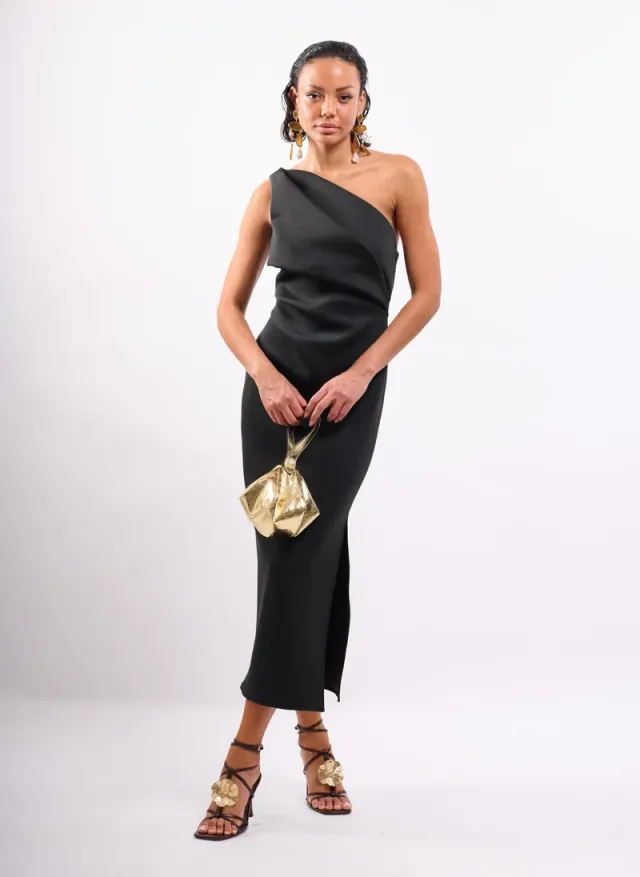 Structured One Shoulder Midi Dress in Black – image 5
