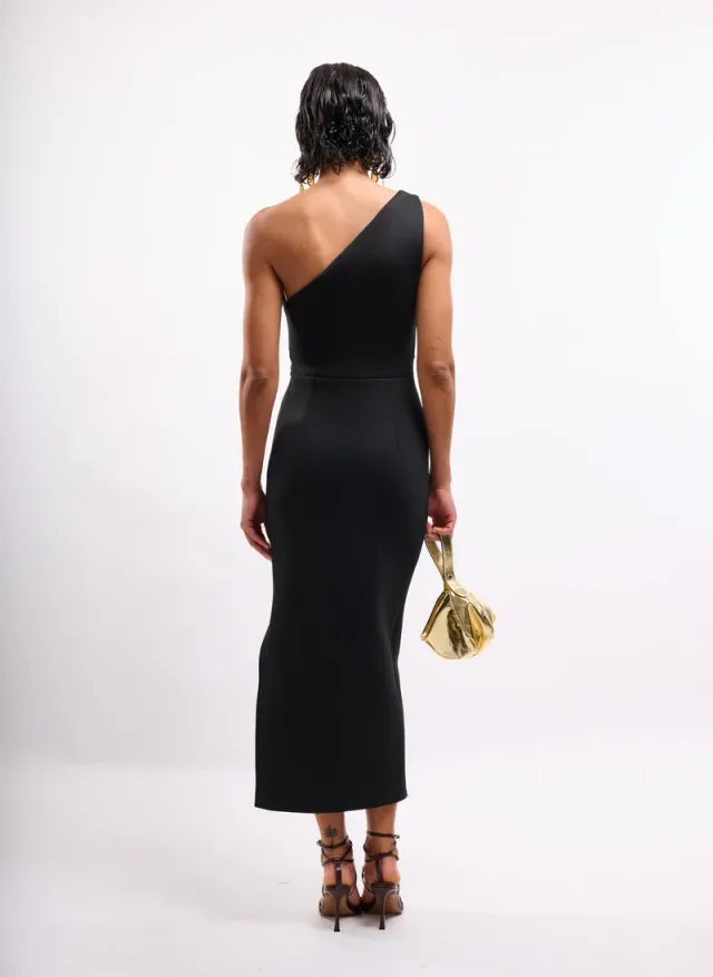 Structured One Shoulder Midi Dress in Black – image 6