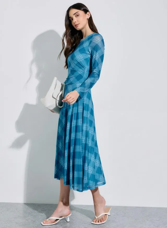 Multi-Color Checked Long Sleeves A-Line Midi Dress