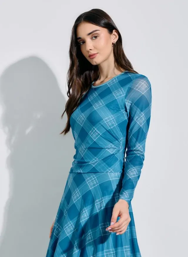 Multi-Color Checked Long Sleeves A-Line Midi Dress – image 2