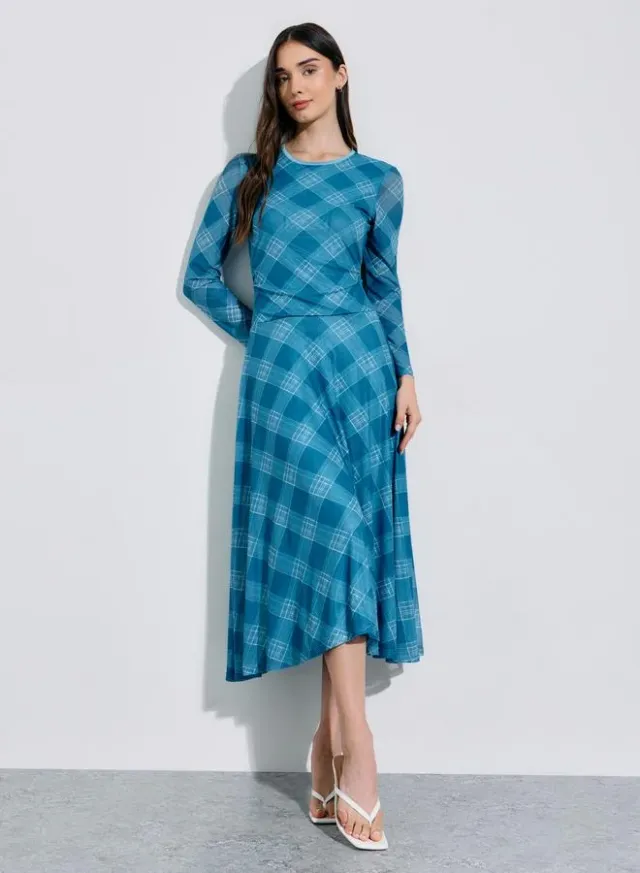 Multi-Color Checked Long Sleeves A-Line Midi Dress – image 3