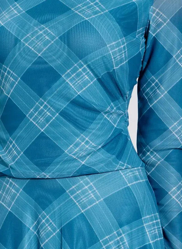 Multi-Color Checked Long Sleeves A-Line Midi Dress – image 4