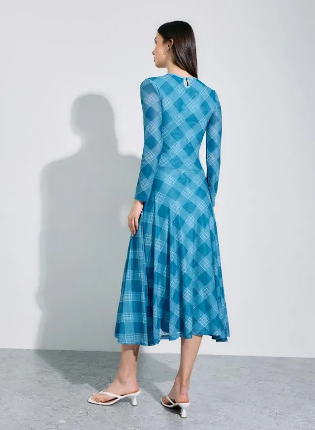 Multi-Color Checked Long Sleeves A-Line Midi Dress – image 5
