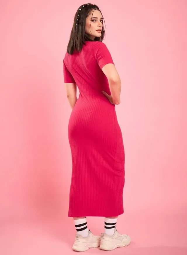 Women Pink Collared Bodycon Midi Dress – image 3