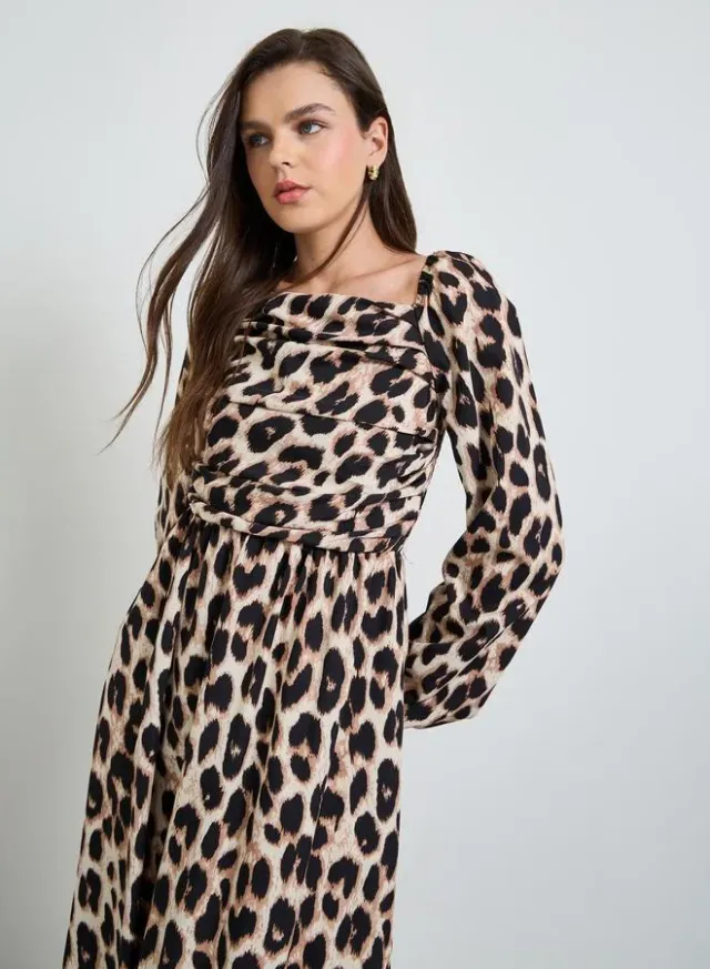 Multi-Color Leopard Print Side Slit Ruched Details Midi Dress