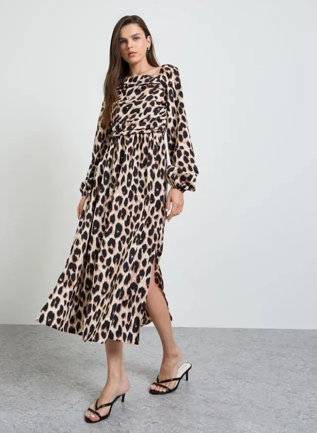 Multi-Color Leopard Print Side Slit Ruched Details Midi Dress – image 2