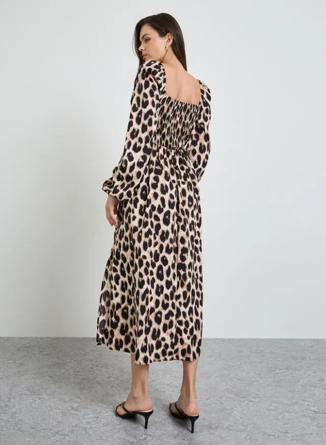 Multi-Color Leopard Print Side Slit Ruched Details Midi Dress – image 4