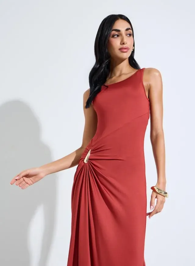 Red Solid Sleeveless Maxi Dress with Side Embellishment – image 2