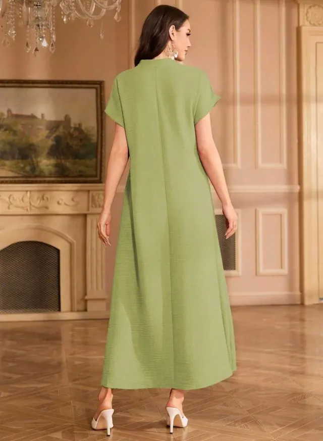 Women Floral Patch Detail Open Collar Maxi Dress – image 5