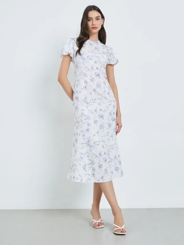 White Floral Puff Sleeve Midi Dress – image 2