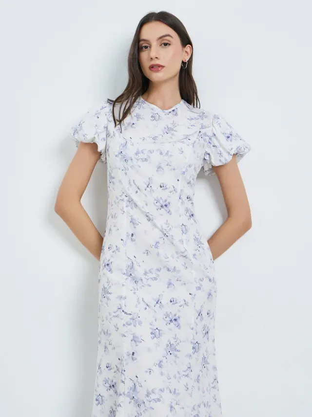 White Floral Puff Sleeve Midi Dress – image 3