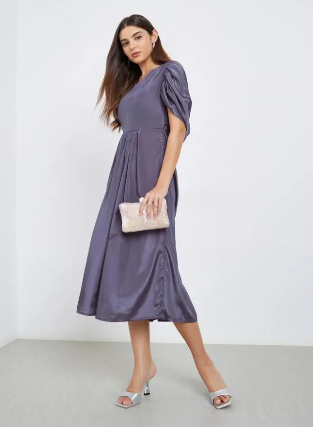 Purple Draped Back Midi Dress