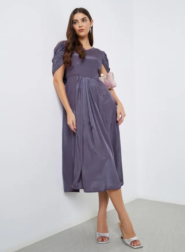 Purple Draped Back Midi Dress – image 2