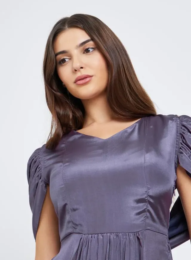 Purple Draped Back Midi Dress – image 4