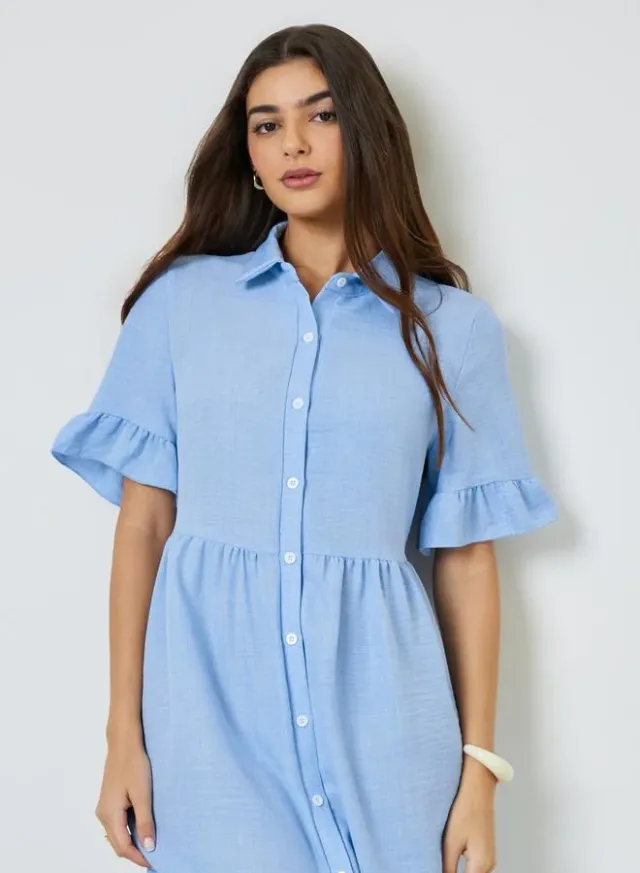 Blue Ruffle Sleeves Shirt Knee-Length Dress