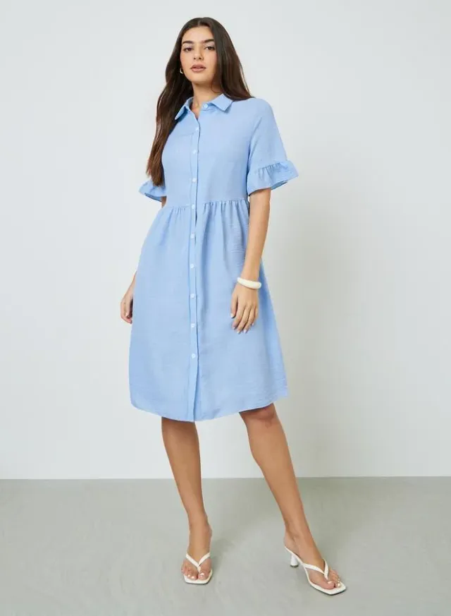 Blue Ruffle Sleeves Shirt Knee-Length Dress – image 2